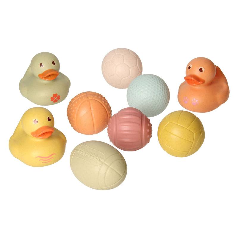 Badespielzeug-Set mit sensorischen Badebällen, Quietscheentchen, Pastellfarben