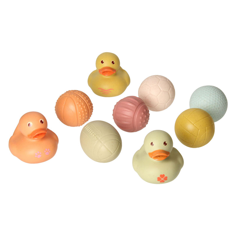 Badespielzeug-Set mit sensorischen Badebällen, Quietscheentchen, Pastellfarben