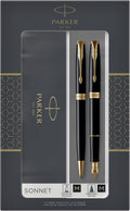 Parker sonnet duo geschenkset met balpen en vulpen (18-karaats gouden punt) | glanzend zwart met gouden trim | zwarte inktpatronen en navullingen