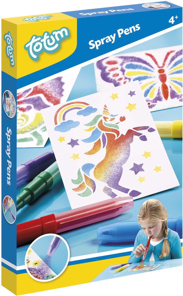 Totum spraypens 5 blaaspennen knutselset incl. unicorn en dieren sjablonen - creatief speelgoed vanaf 4 jaar - knutselen tekenen en schilderen cadeau tip