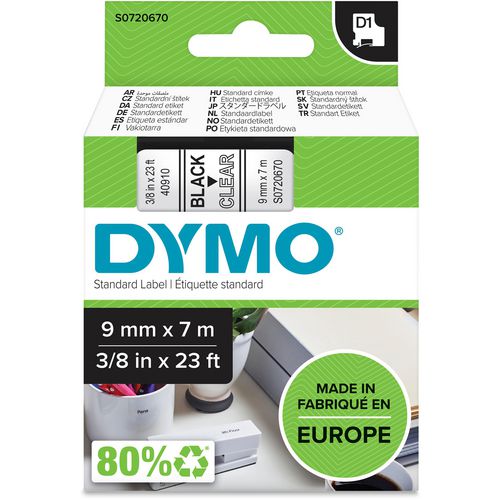 Tapes dymo d1 polyester 9mmx7m zwart-tranpsarant glanzend