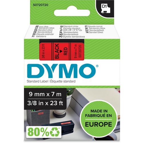 Tapes dymo d1 polyester 9mmx7m zwart-rood glanzend