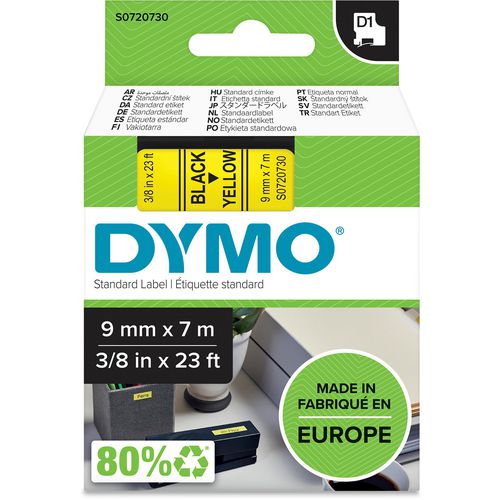 Tapes dymo d1 polyester 9mmx7m zwart-geel glanzend