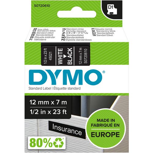 Dymo tapes d1 polyester 12mmx7m wit-zwart glanzend