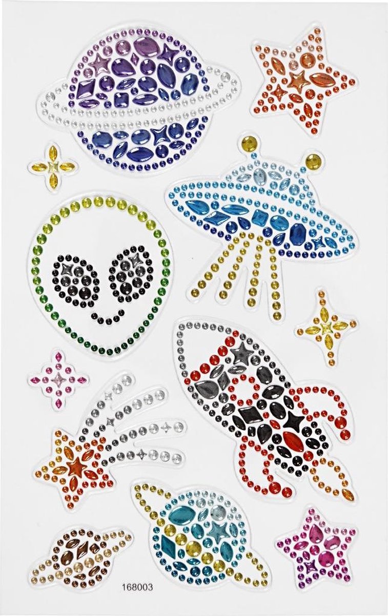 Creativ company diamond stickers - ruimte thema - zelfklevende glitter stickers - strass knutselstickers - luxe decoratie stickers - feestelijke plakdiamant stickers - 10x16 cm - 1 vel