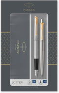Parker jotter duo geschenkset met balpen en vulpen | roestvrij staal met gouden trim | blauwe inktvulling en patronen | geschenkverpakking