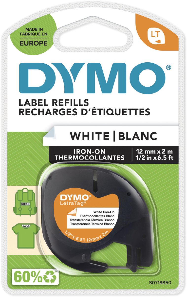 Dymo letratag originel opstrijkbare textiellabels | 12 mm x 2 m rol | zwart afdrukken op witte etiketten | strijkband voor letratag labelprinters