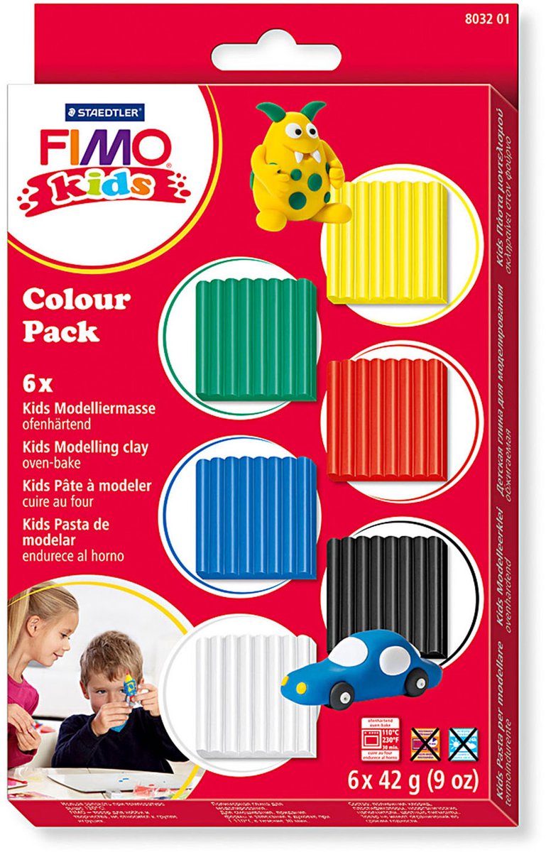 Fimo Kinder-Knetmasse Standardfarben, 6 Stück.