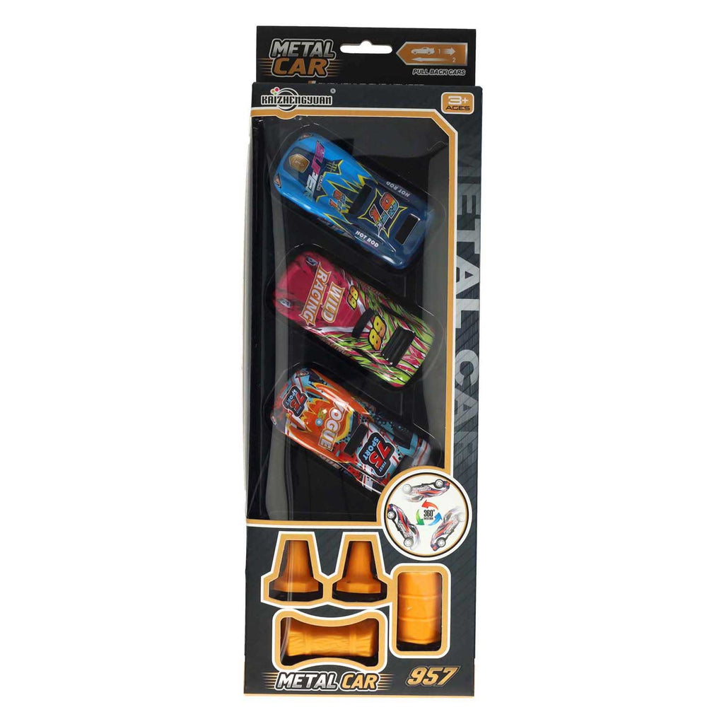 Rennwagen-Rückwärtssalto-Set mit Rückziehmechanismus - 3-teilig.