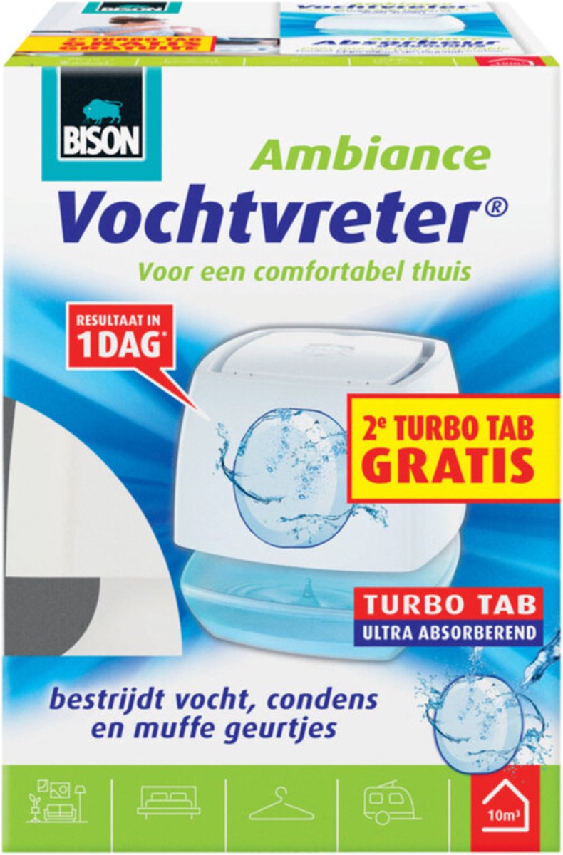 Bison vochtvreter® ambiance 100g, gratis extra tab, luchtontvochtiger, bestrijdt vocht en schimmel in woonruimtes, uniek luchtcirculatiesysteem, wit, ook geschikt voor caravans en campers