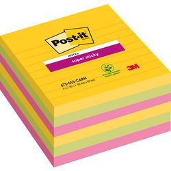 Post-it ® super sticky notes, kleurenset rio, canary yellow™, mediterraan blauw, fuchsia, gelijnd , 101mm x 101mm, 90 blaadjes, 6 blokken