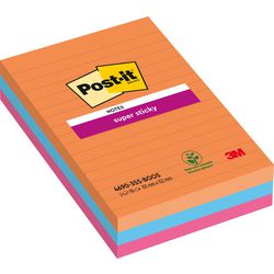 Post-it ® super sticky notes, kleurenset bangkok , neon oranje, neon roze, electric blauw, gelijnd , 101mm x 152mm, 90 blaadjes, 3 blokken