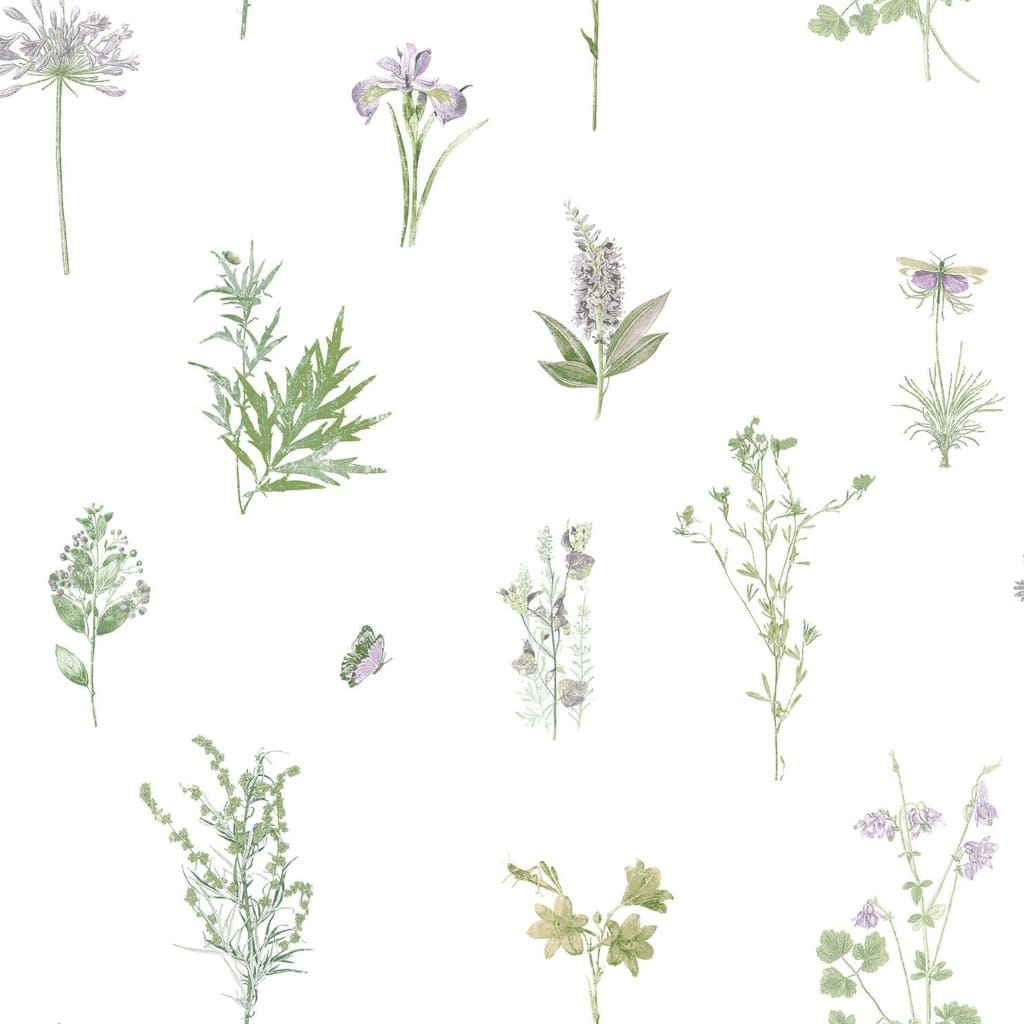 Nordwandtapete mit immergrünen Kräutern und Blumen, weiß