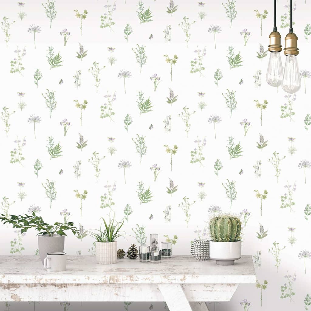 Nordwandtapete mit immergrünen Kräutern und Blumen, weiß