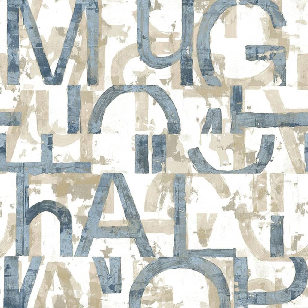 Nordwandtapete Freunde Kaffee Wörter und Buchstaben blau und metallisch