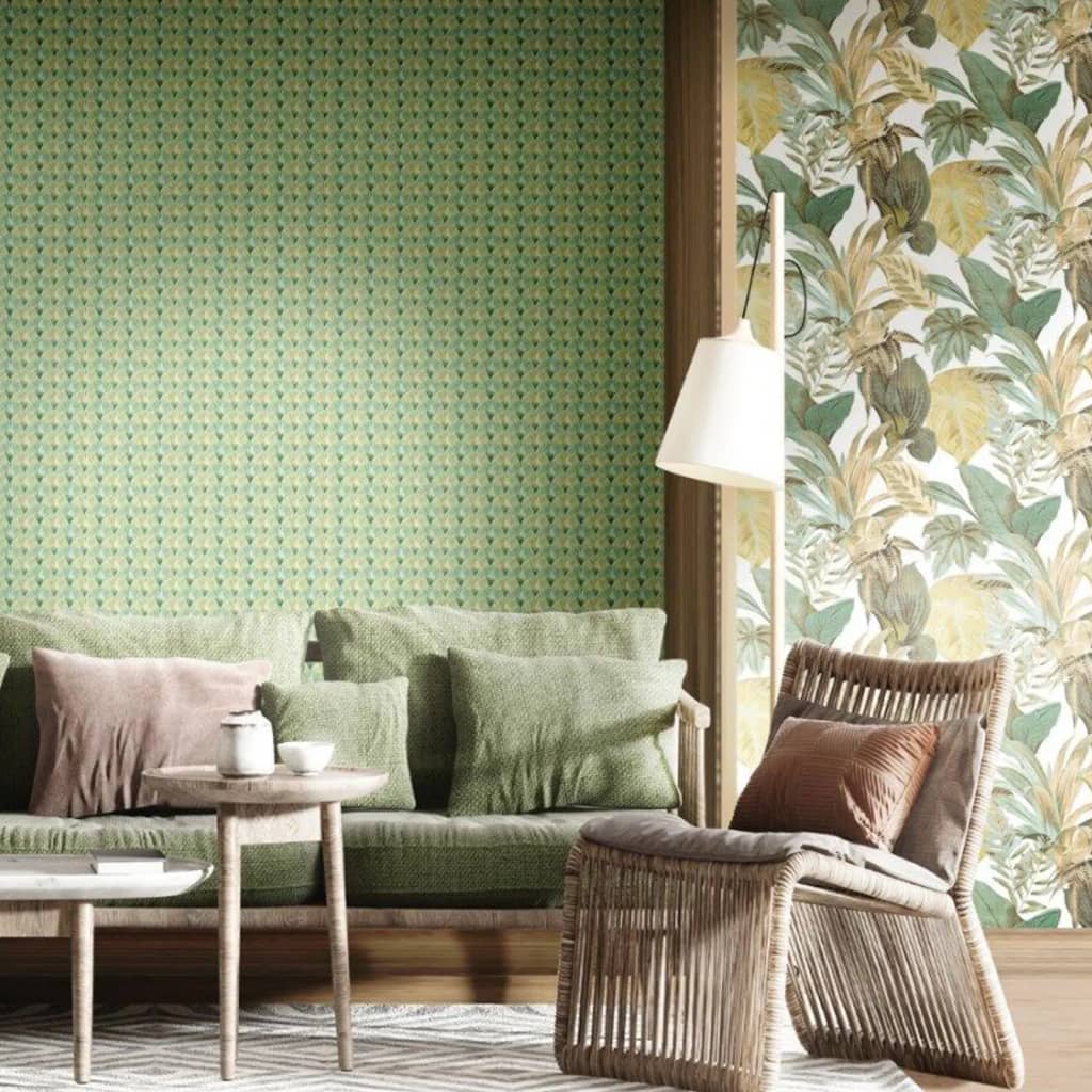 Nordwandtapete, Topchic, große Blätter, grün und beige