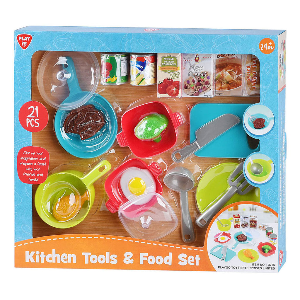 Spielküchenzubehör und Spiellebensmittel-Set, 21-teilig.