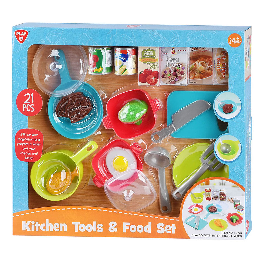 Spielküchenzubehör und Spiellebensmittel-Set, 21-teilig.