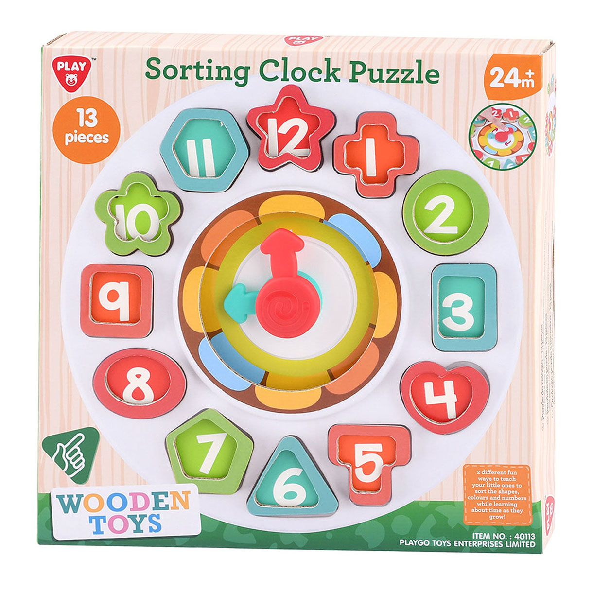 Playgo Sortierformen aus Holz - und Lernuhr - 13-teilig.