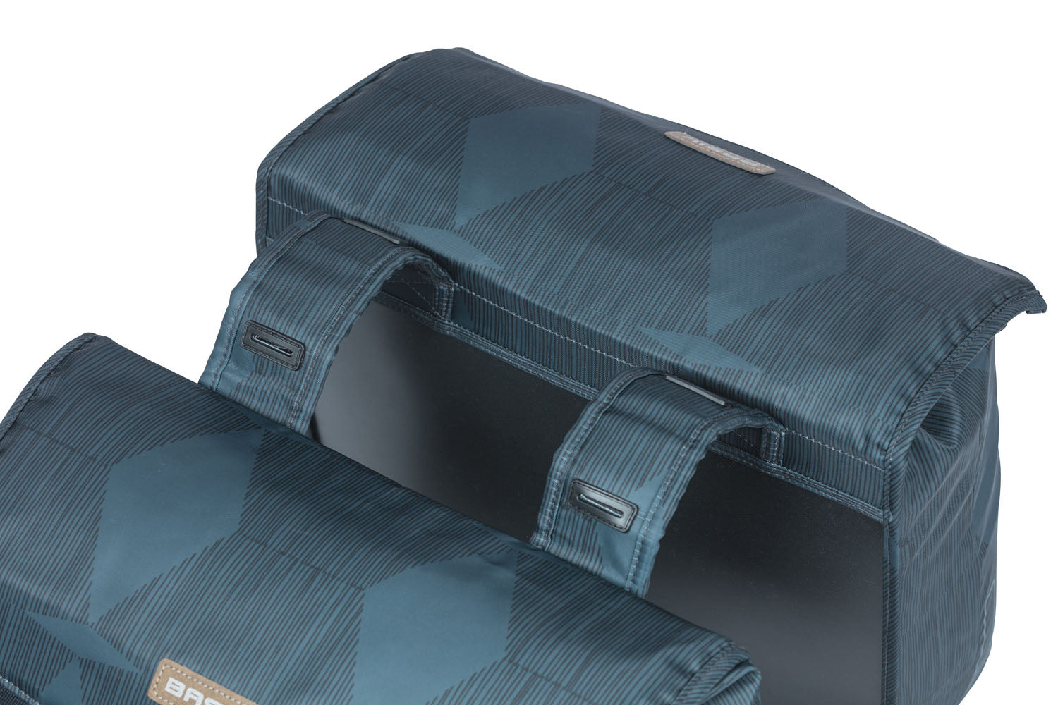 Basil Elegance dubbele fietstas, blauw, gerecycled PET, gevoerd, waterkerende sluiting, Universal Bridge, 40-49L
