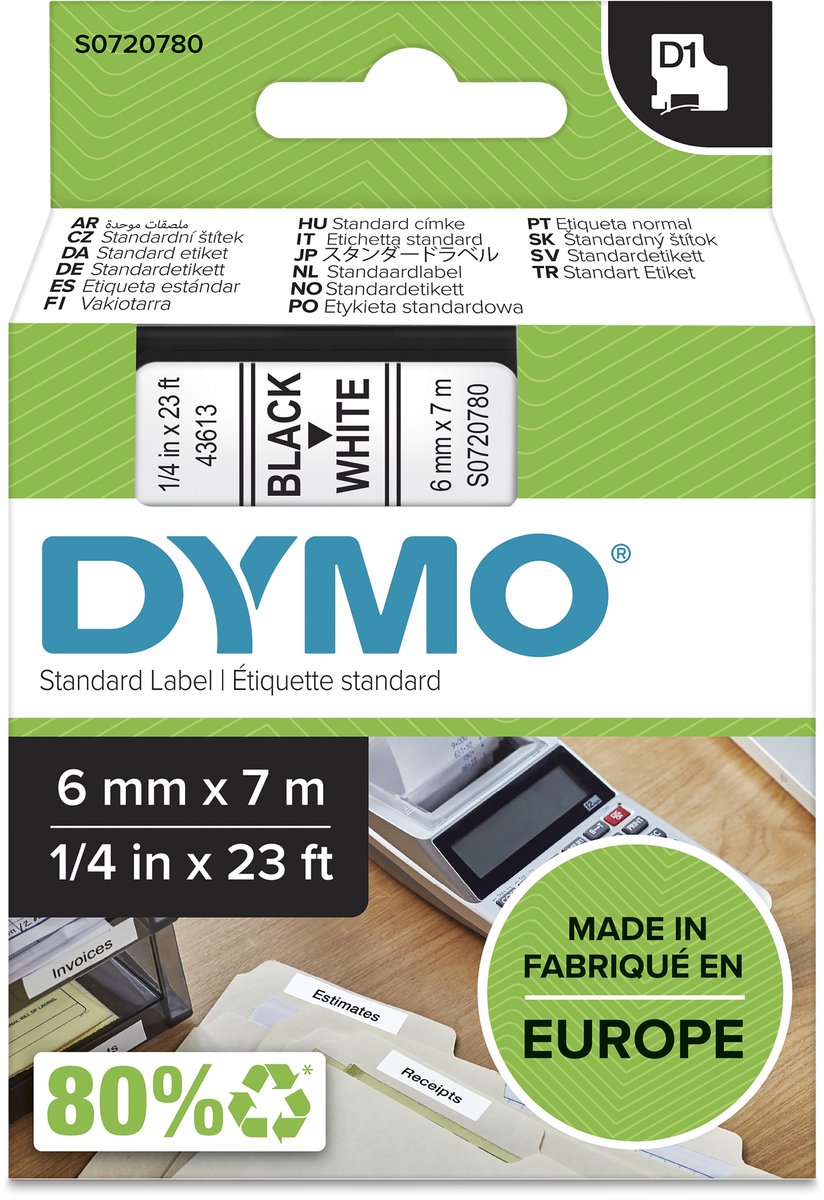 Dymo originele d1 labels | zwarte tekst op wit label | 6 mm x 7 m | zelfklevende etiketten voor de labelmanager labelprinter | gemaakt in europa