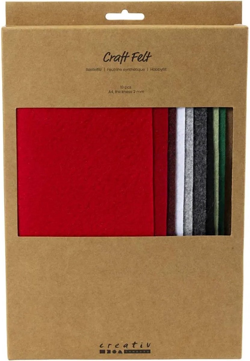Creativ Company Hobbyfelt A4 Dicke 2 mm Weihnachtsfarben - 10 Stück.