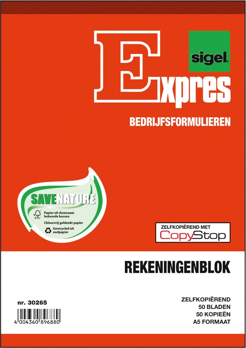 Merkloos sans marque sigel expres kas- en kwitantieformulieren rekeningblok, a5, 2x50 vel (krimp 5 stuks)