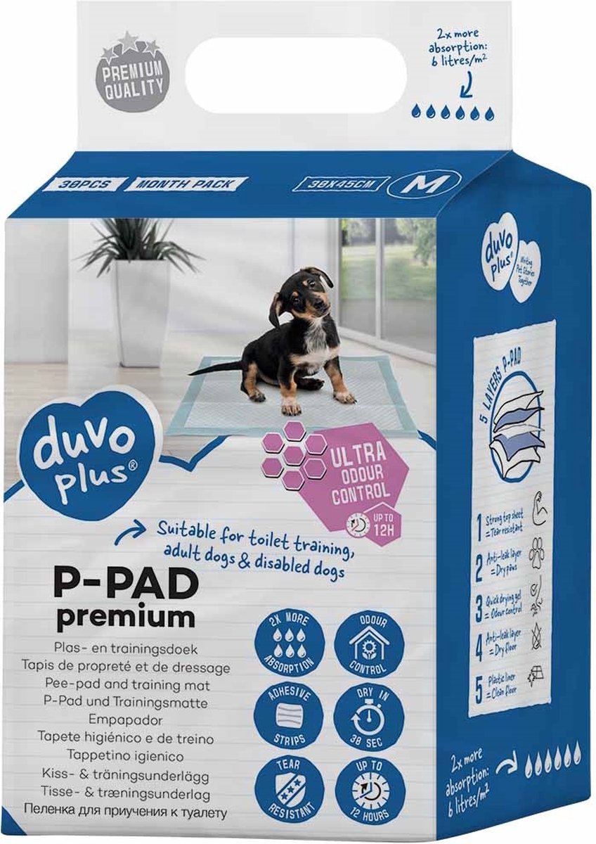 Duvo plus p-pad premium puppy training pads - plasmatten met geurcontrole - 30 stuks - l 45x60cm