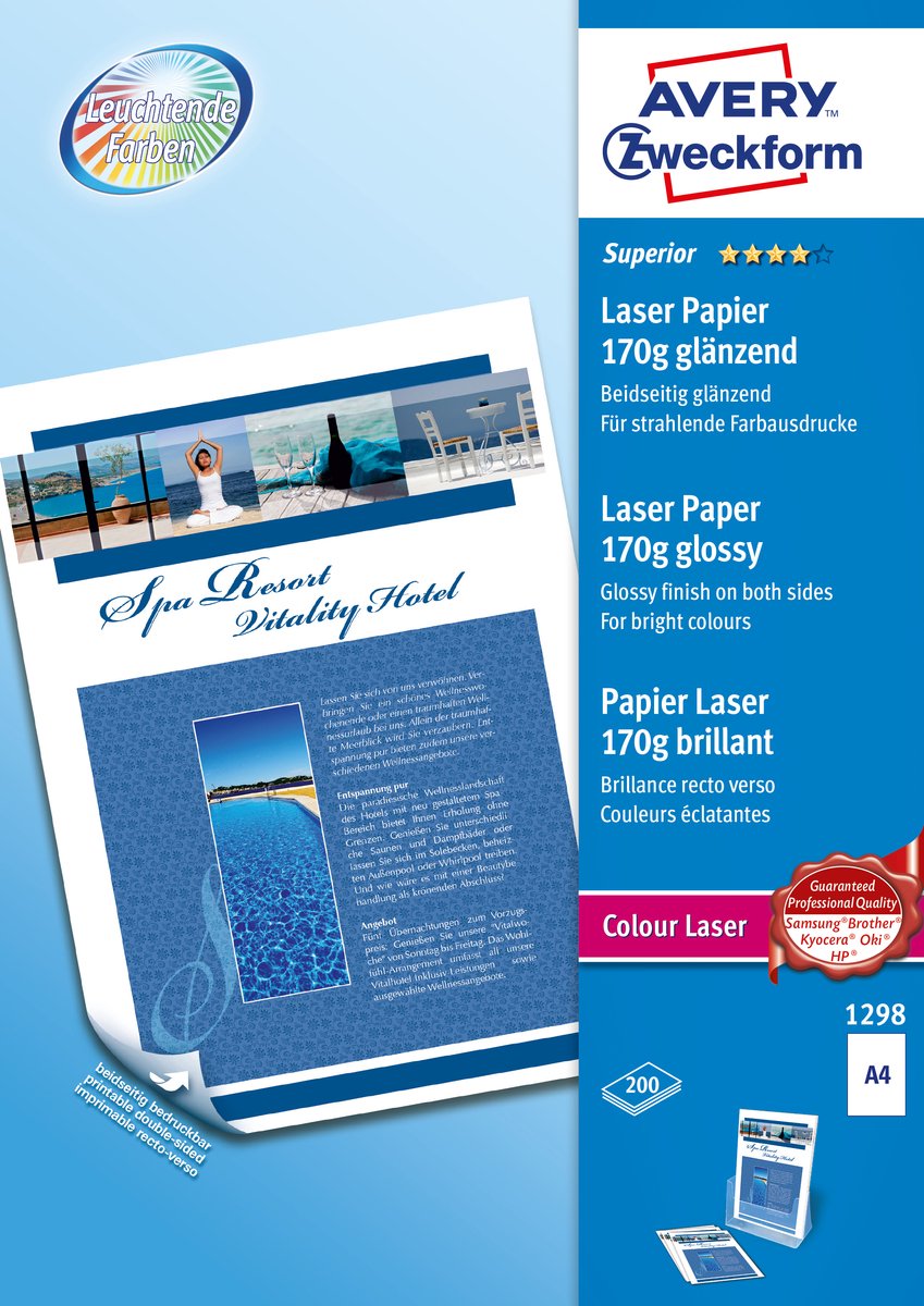 Avery 1298 papier voor inkjetprinter a4 (210x297 mm) glans 200 vel wit