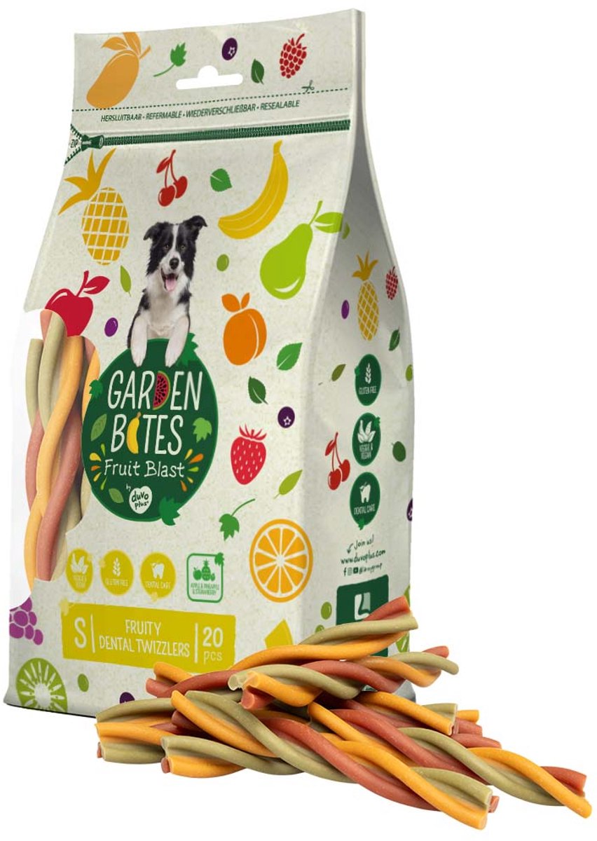 Duvo plus garden bites - fruity dental twizzlers hondensnacks - hondensnoepjes - vegetarisch glutenvrij - small 20st