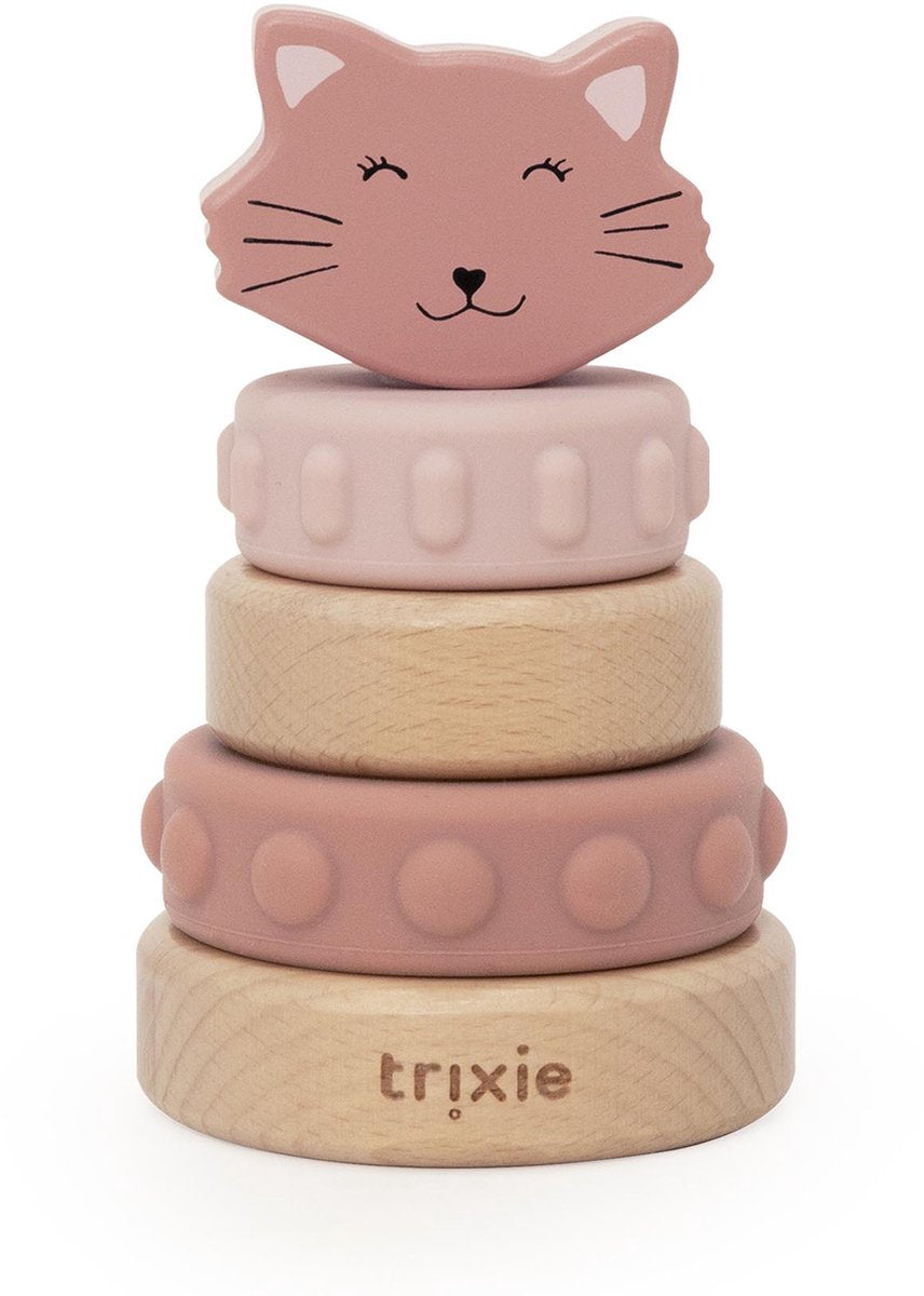 Trixie houten stapeltoren met siliconen ringen mrs. cat – sensorisch stapelspeelgoed vanaf 10 maanden