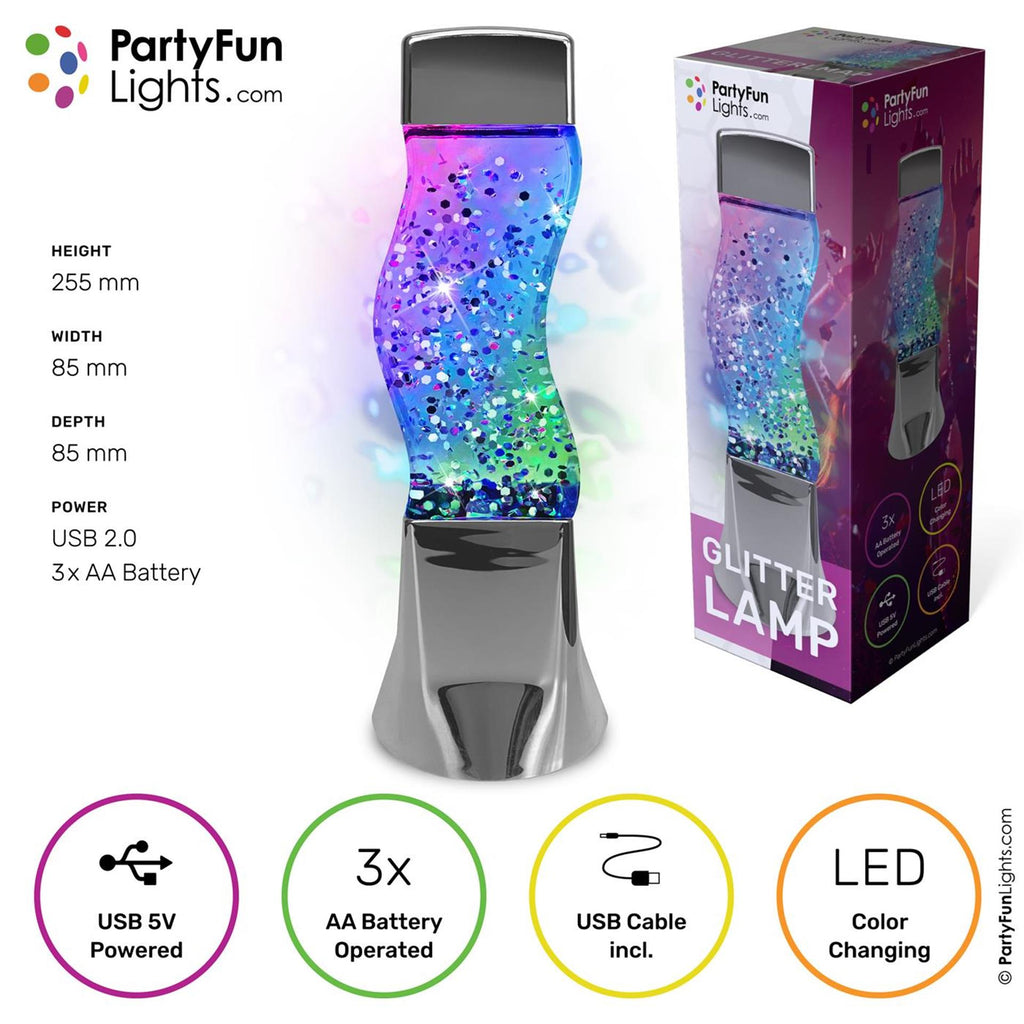 Partyfun lights tafellamp glitter led colour changing werkt op 3xaa batterijen en usb h25,5cm
