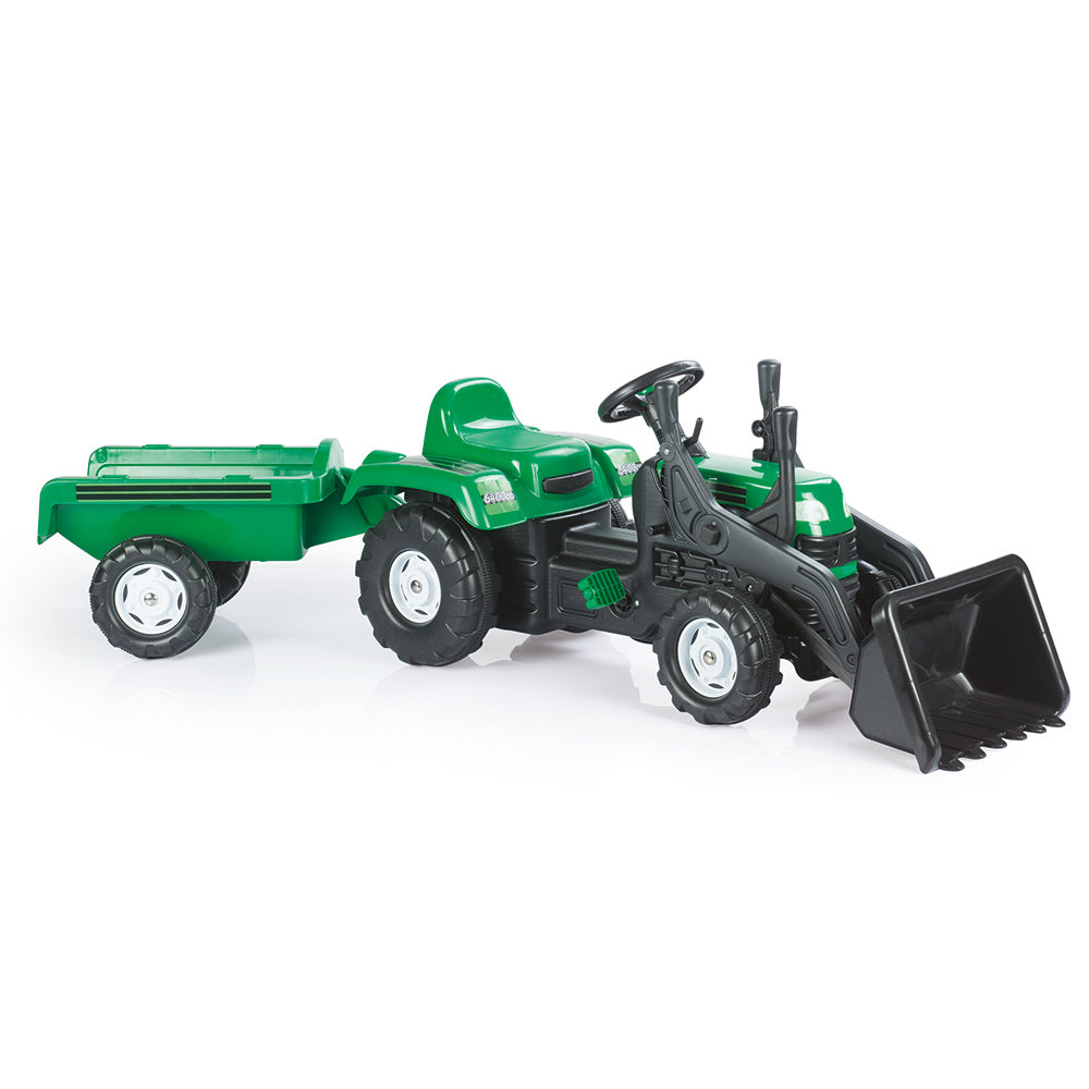 Dolu Trettraktor mit Anhänger, Frontlader, Hupe, grün und schwarz