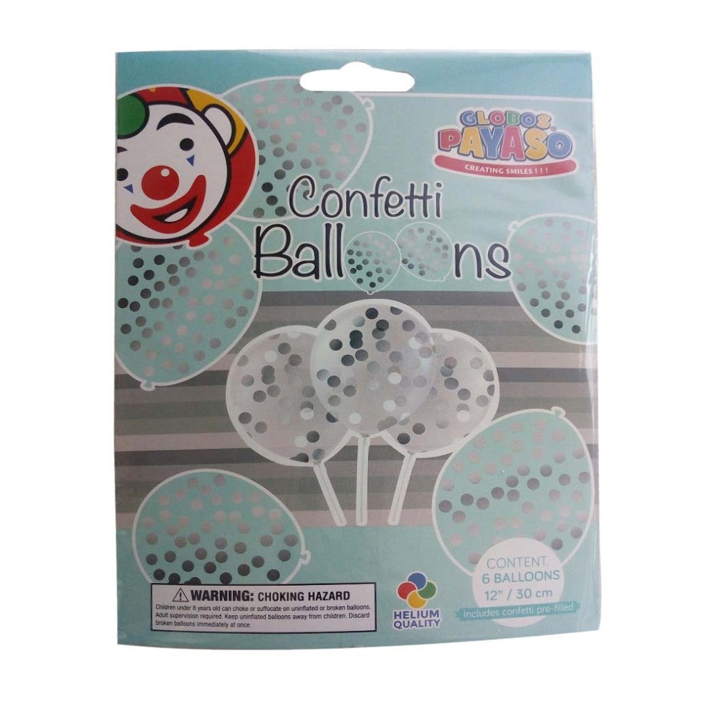 Globos-Luftballons mit Konfetti, 6 Stück, transparent silber