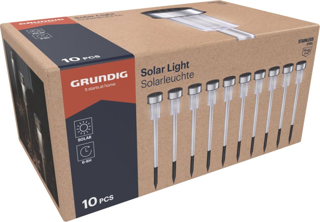 Grundig Gartenfackeln, 10 Stück, solarbetrieben, weißes Licht, IP44 wasserdicht, Akkulaufzeit 6-8 Stunden, 4,8 x 36,5 cm, Edelstahl
