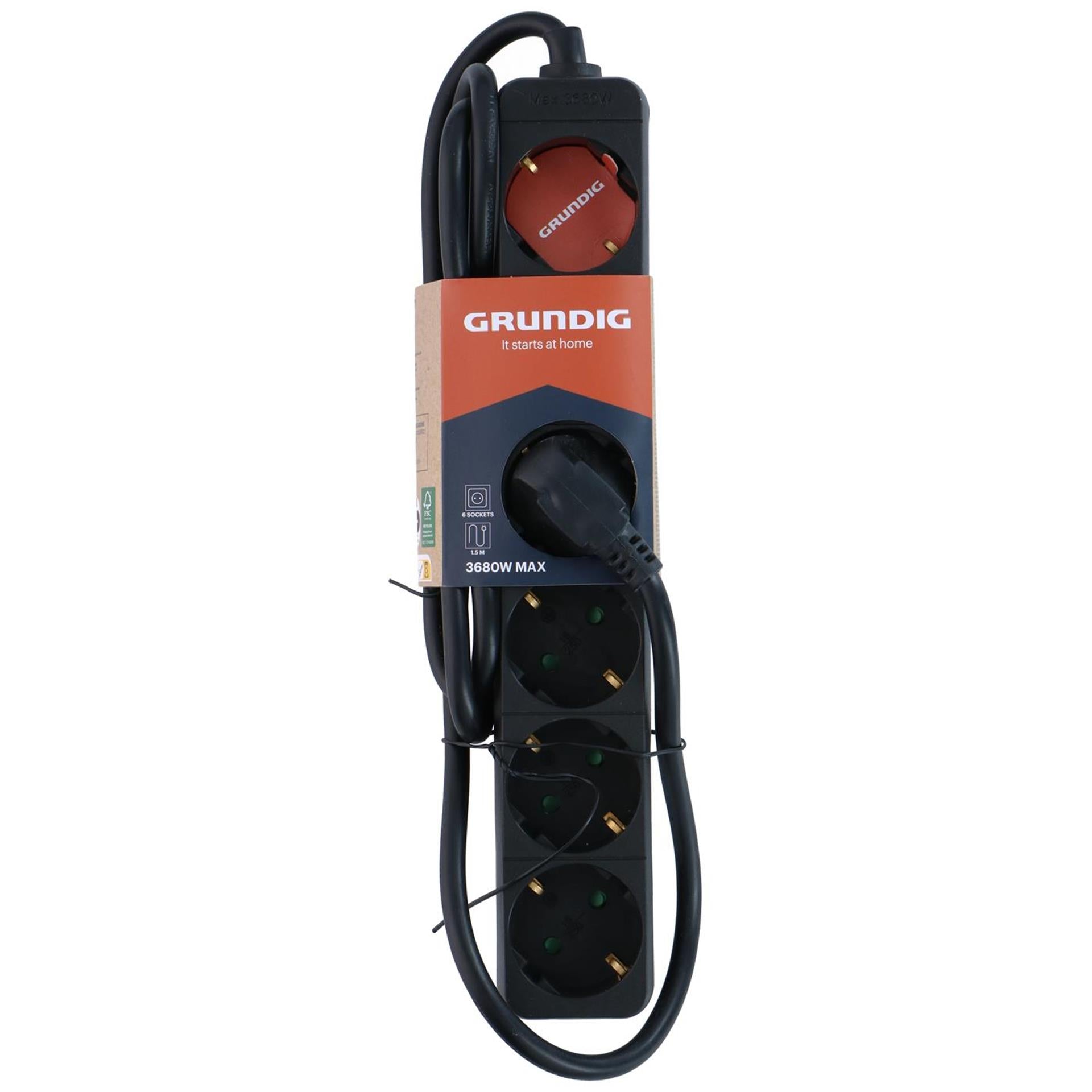 Grundig stekkerdoos zwart 6-voudig 1,5m