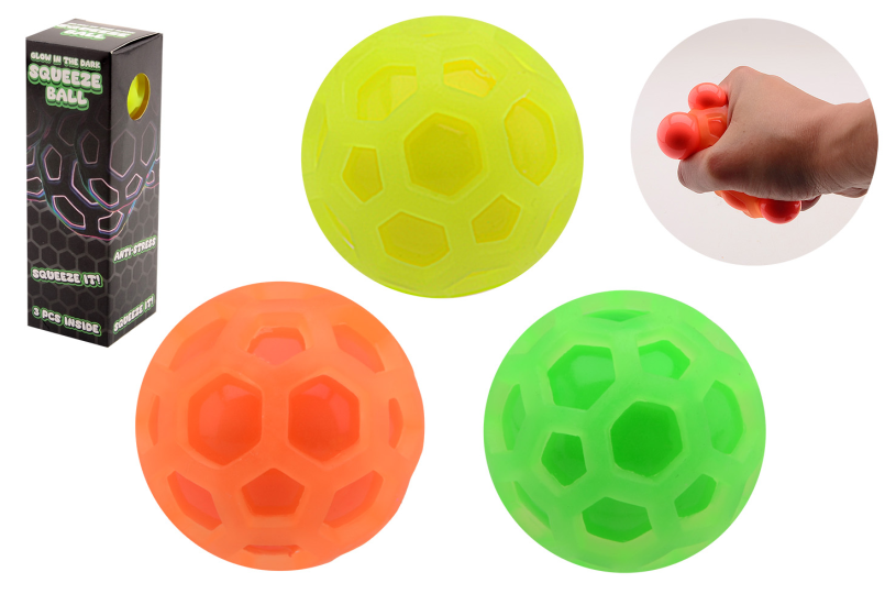 Johntoy zeshoekige glow in the dark squeeze ballen in doos - 3 stuks