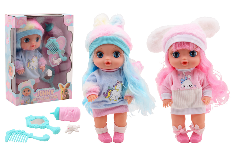 Johntoy jenny drink en plaspop 30cm met grote ogen assorti