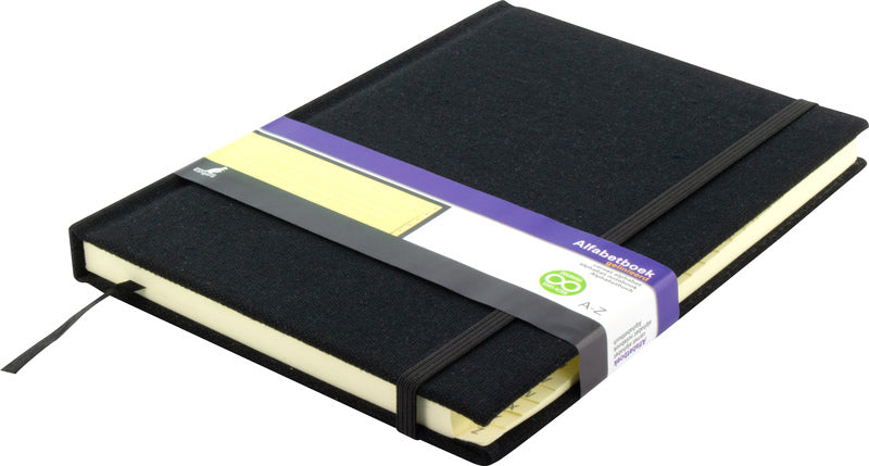 Kangaro K-5105 Alphabetbuch, A5-Format, Leineneinband, schwarz, 208 Seiten, Lesebändchen, Gummiband