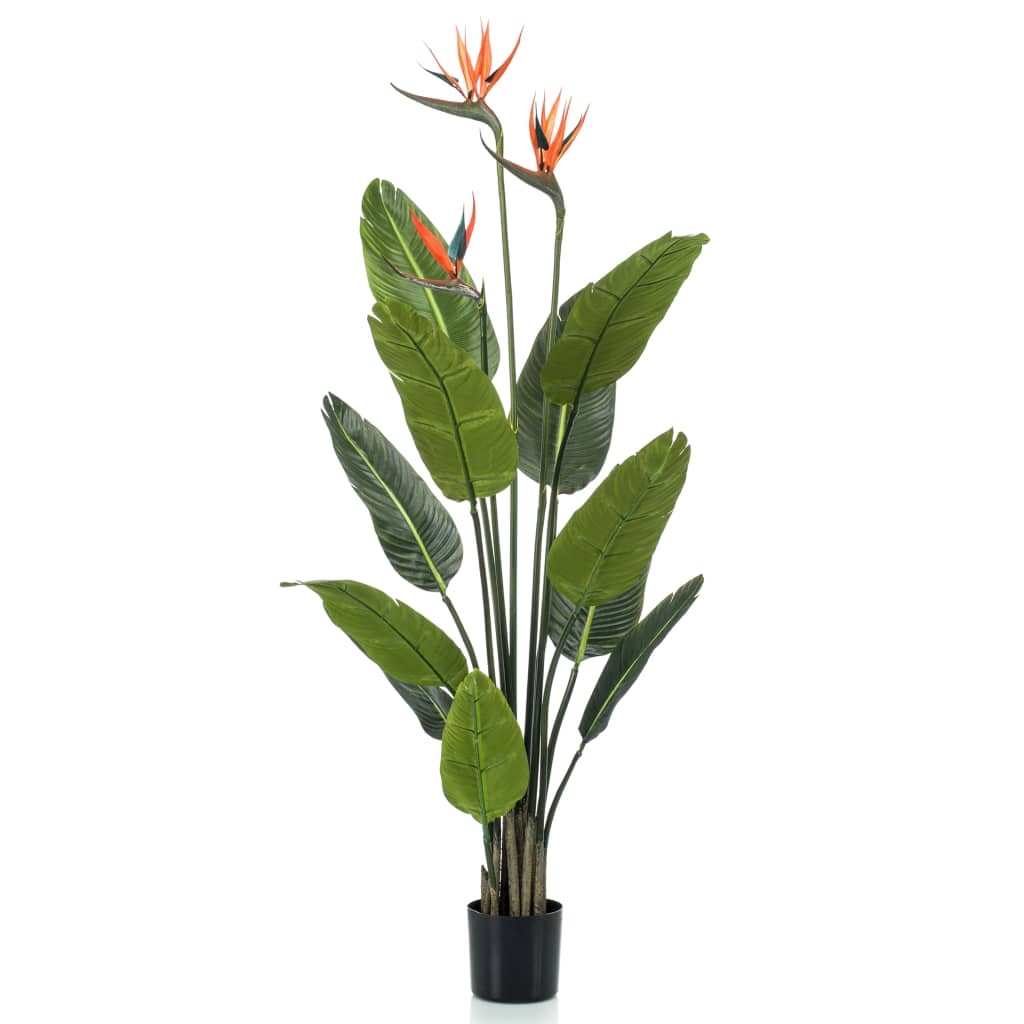 Smaragdgrüne künstliche Pflanze mit Topf und Strelitzienblüten, 120 cm
