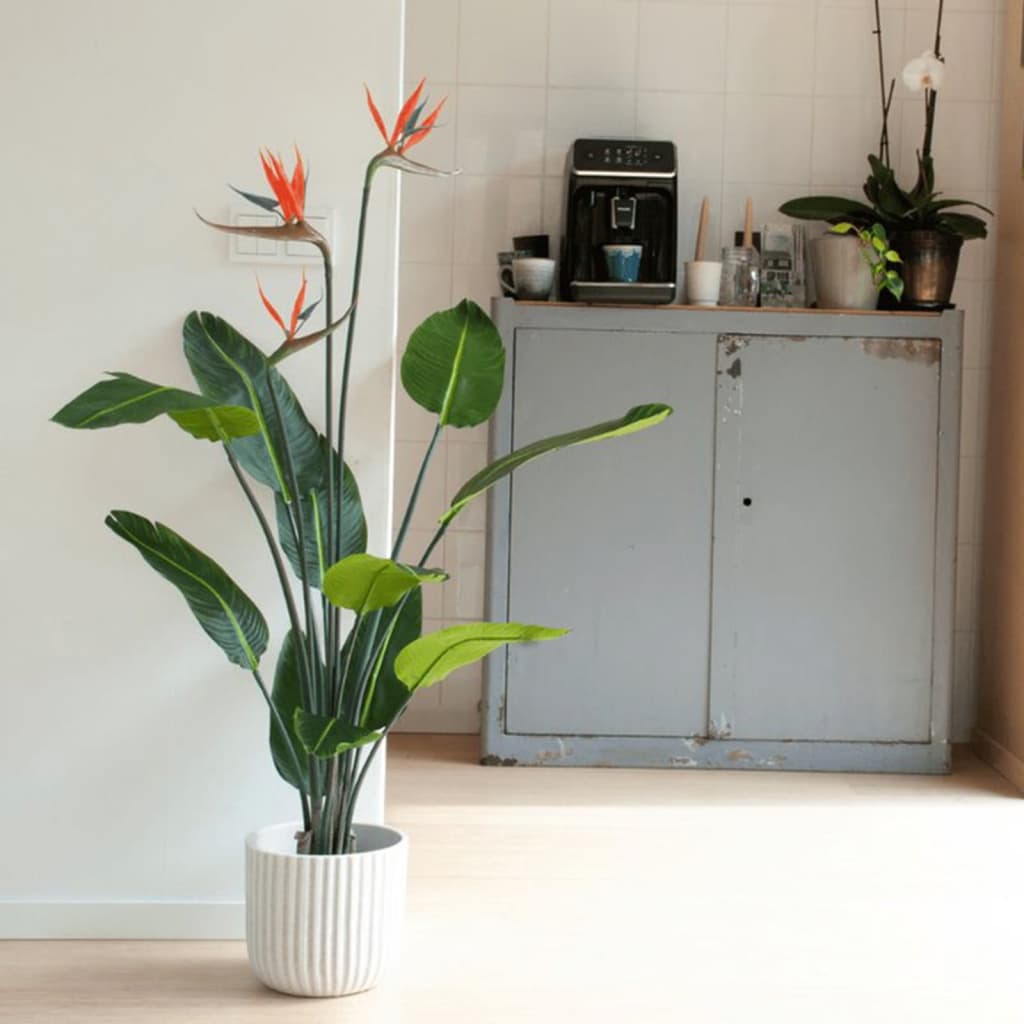Smaragdgrüne künstliche Pflanze mit Topf und Strelitzienblüten, 120 cm