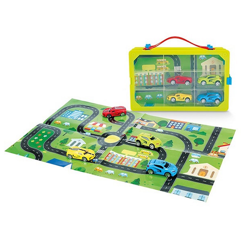 Turbo Racers Sammlerkoffer mit Autos und Spielmatte, 6-teilig.