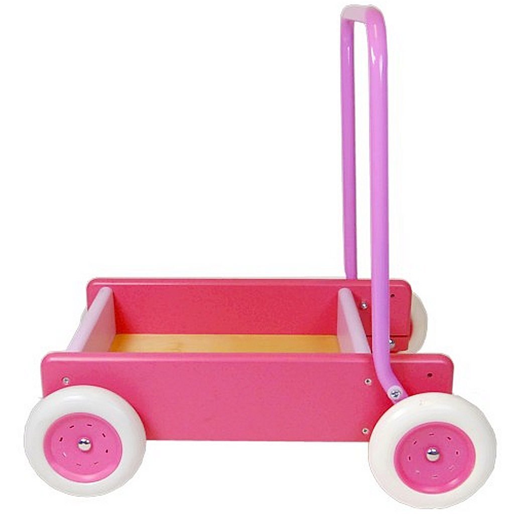 Van Bueren Holz-Schiebewagen mit Lauflernständer, rosa
