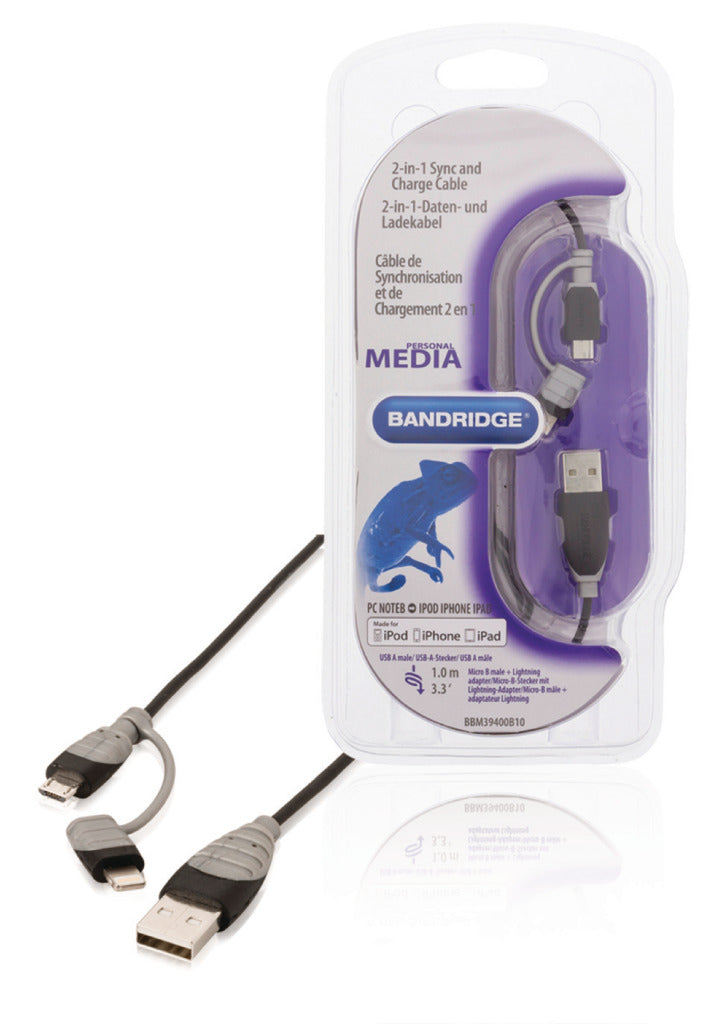 Bandridge BBM39400B10 2-in-1 Daten- und Ladekabel, USB Micro-B Stecker + Lightning Adapter - A Stecker, 1,00 m, schwarz