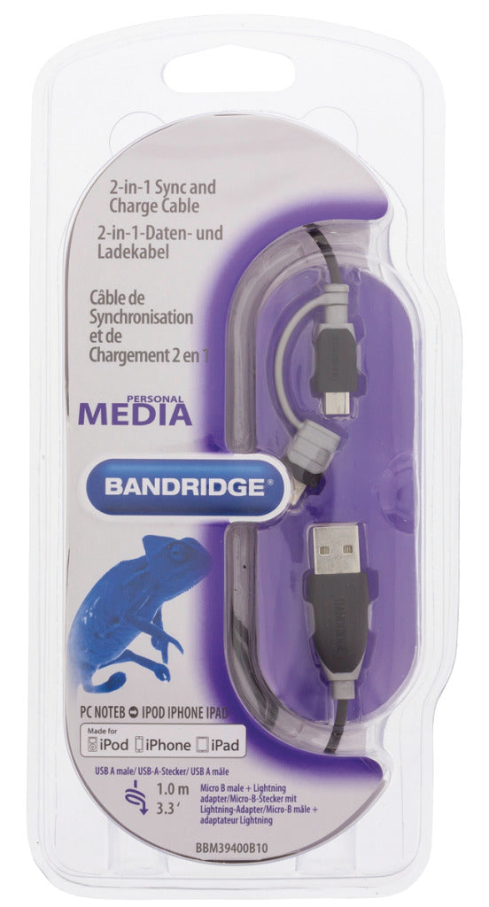 Bandridge BBM39400B10 2-in-1 Daten- und Ladekabel, USB Micro-B Stecker + Lightning Adapter - A Stecker, 1,00 m, schwarz