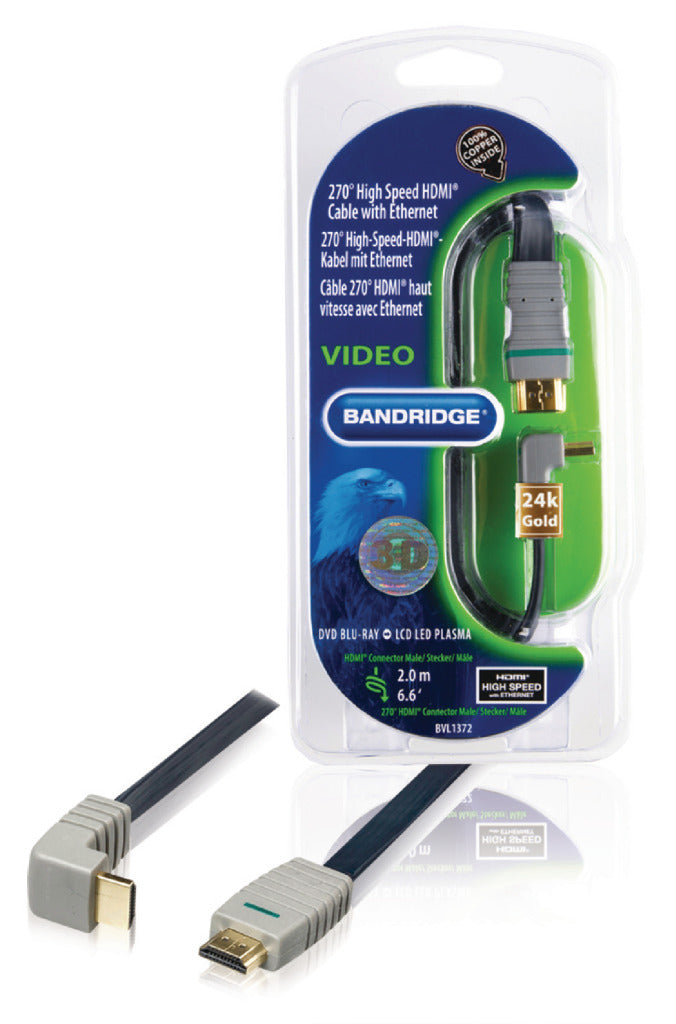 Bandridge bvl1372 high speed hdmi 270 graden platte kabel verguld 2 m