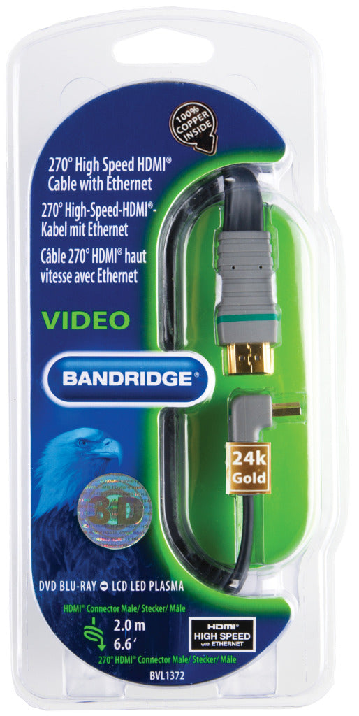 Bandridge bvl1372 high speed hdmi 270 graden platte kabel verguld 2 m