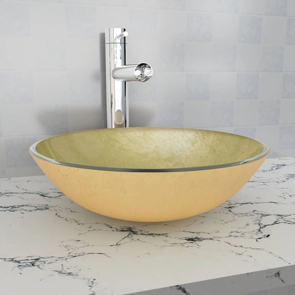 VIDAXL WASCHBECKEN gehärtetes Glas 42 cm Gold