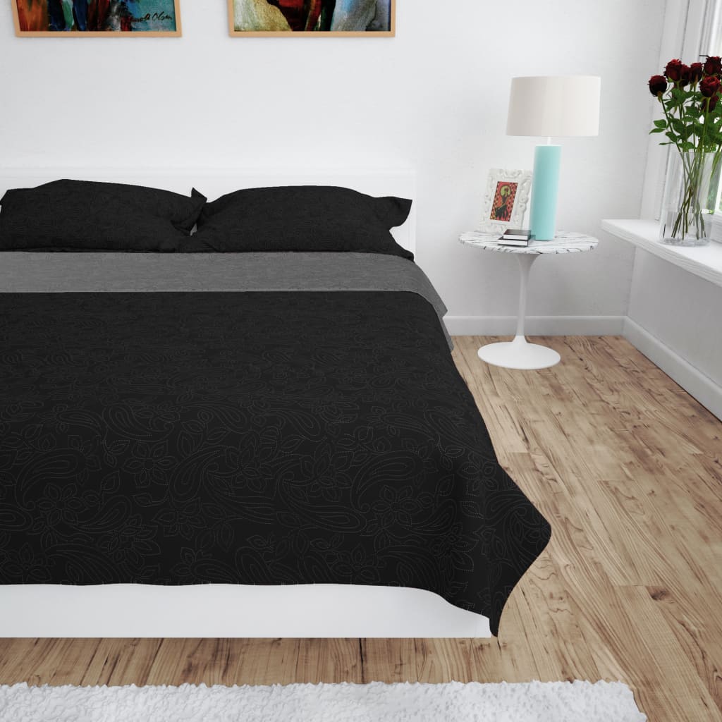 VidaXL Doppelseitige Tagesdecke 220x240 cm Steppdecke Grau und Schwarz