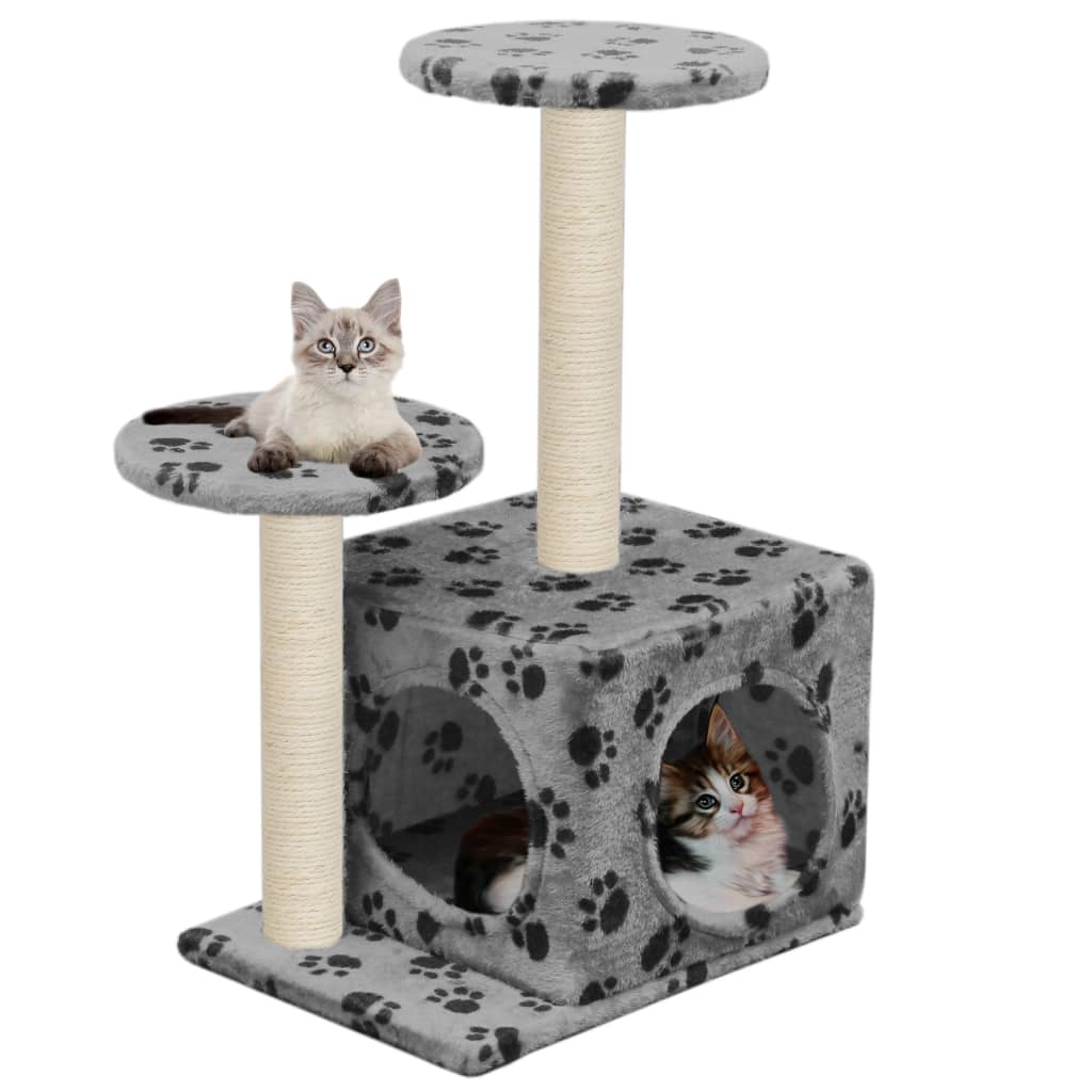 VidaXL Katzenkratzbaum mit Sisal-Kratzstämmen, 60 cm, Pfotenabdrücke, Grau